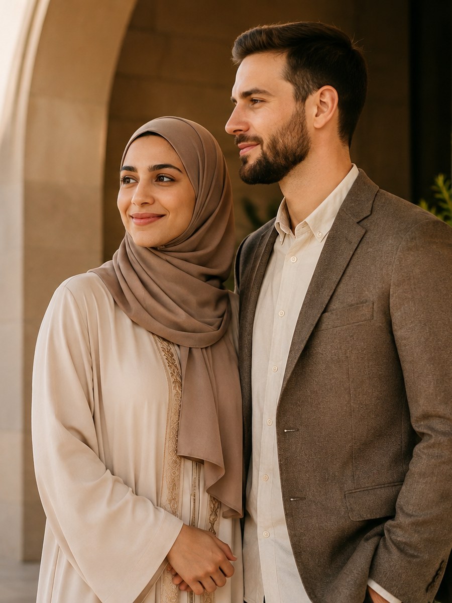 A woman in a hijab and a man, side by side under a stone archway